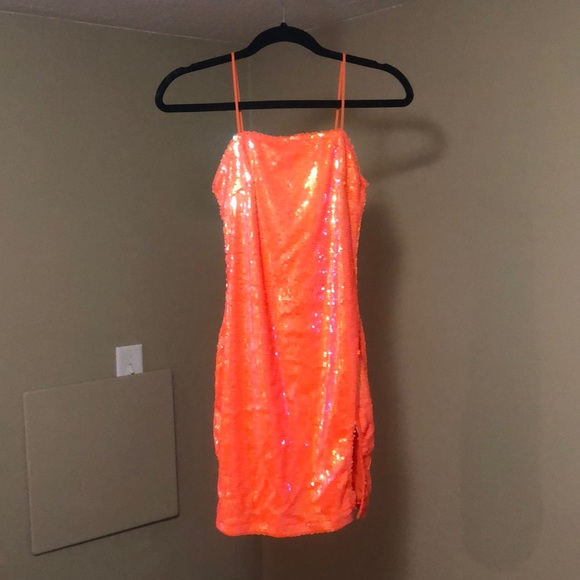 orange sequin mini dress